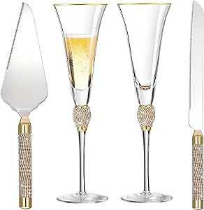 Wedding Cake Knife and Server Set, 7Oz Crystal Champagne Flutes for Bride and Groom Toasting Cake Cutting Set for Wedding Engagement Gift