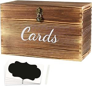 Wooden Wedding Card Box with Heart Shape Lock, 5 Chalkboard Label, 1 Erasable Chalk Marker, Rustic Gift Card Holder Box for Birthday, Wedding, Bridal Shower, Baby Shower