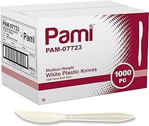 PAMI Medium Weight Disposable Plastic Knives [1000-Pack] - Bulk White Plastic Silverware For Parties, Weddings, Catering Food Stands, Takeaway Orders & More- Sturdy Single-Use Partyware Knives