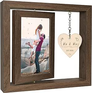 Rotating Floating Mr and Mrs EST 2024 Picture Frame, 4x6 Rustic Picture Frame Bride to Be Bridal Shower Wedding Gifts for Couples Unique 2024