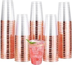 JOLLY CHEF 100 Pack Rose Gold Plastic Cups, 12 oz Clear Plastic Cups Tumblers, Elegant Rose Gold Rim Disposable Plastic Cups Perfect for Party Wedding