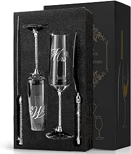 Wedding Cake Knife and Server Set, Champagne Flutes Engraved Mr and Mrs for Wedding, Bride and Groom Toasting Flutes, Engagement Gift Wedding Reception Supplies (Clear Diamonds)
