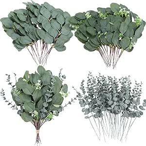 120 Pcs Eucalyptus Leaves Stems Artificial Silver Dollar Eucalyptus Wedding Bouquets Greenery Arrangements Faux Stems Seeded Eucalyptus Faux Wedding Decor, 3 Kinds