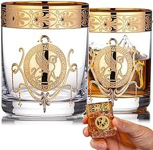 Shot Glasses, Luxury Gift for Man, Hand Made, Decorated with Gold, Heavy Bottom, Set of 2