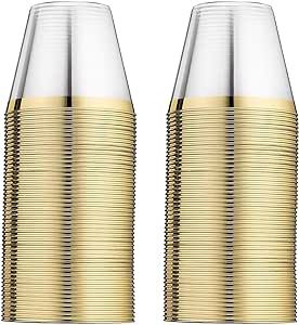 100 Plastic Cups 9 Oz Gold Old Fashioned Tumblers Rimmed for Party Decorations Disposable Clear Wedding Elegant