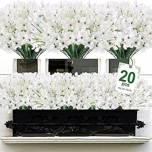 20 Bundles Artificial Flowers Hydrangea Silk Flowers Heads Fake Outdoor Indoor Flowers No Fade Faux Plastic Greenery Shrubs Garden Porch Window Box Decor (White)