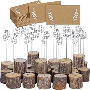 30 Pcs Rustic Wood Place Card Holders with Swirl Wire Wooden Bark Memo Holder Stand Card Photo Picture Note Clip Holders 5.8" and Kraft Place Cards Bulk for Wedding Party Table Number Name Sign