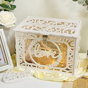 AerWo White Wedding Card Box with Lock and String Light, PVC Card Box for Wedding Decorations for Reception, Wedding Memory Money Box for Wedding Reception Anniversary Party Decorations