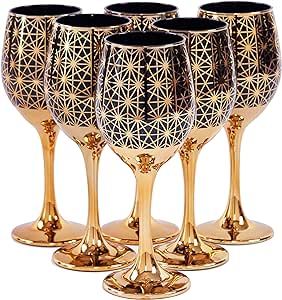 Black Colored Wine Glasses, Gold Wine Glasses with Gold Rimmed, Gold Long Stem Fancy Wine Glasses Set of 6, for Birthday, Wedding, Housewarming Gift (12oz)