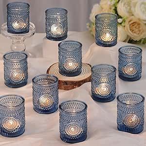 Blue Votive Candle Holders Set of 36- Glass Candle Holders Bulk for Tea Light Candle, Embossed Candle Votives for Wedding Centerpiece, Living Room & Home Table Decor