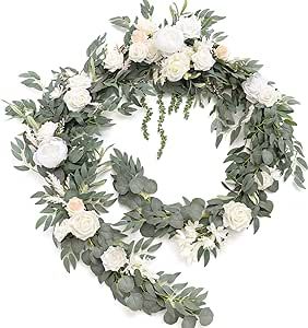 Ling's moment 9FT Eucalyptus and Willow Leaf Garland with White Flower, Handcrafted Wedding Sweetheart Table Centerpieces Head Table Decor Arch Backdrop Decorations for Wedding | White & Sage