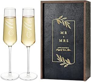 AW BRIDAL Wedding Champagne Flutes Set with Wood Memory Box, Crystal Champagne Flutes for Mr and Mrs Wedding Gift Bridal Shower Gift Anniversary Engagement Gift Valentines Day Gifts for Couple
