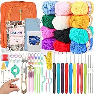 Crochet Kit with Step-by-Step Video Tutorials,Premium Bundle Includes 12 Roll x50Yard Acrylic Yarn Balls, 12 Crochet Hooks, Crochet Bag and All Accessories Kit, Crochet Kit for Beginners