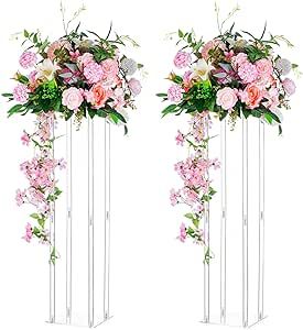 Nuptio Wedding Centerpieces Acrylic Vases - 2 Pcs 31.5 inch Tall Flower Vase Flowers Stand for Party Tables Decorations - Elegant Bulk Weddings Decoration Table Geometric Centerpiece Stands