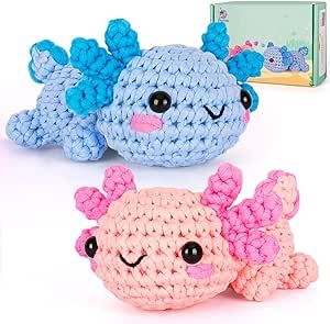 Crochet Kit for Beginner, Crochet Starter Kit w Step-by-Step Video Tutorials, Crochet Kit for Beginners, Beginner Crochet Kit for Adults Kids Women Men Complete Kit Included (2 Axolotls)