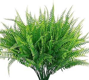 8 Bundles Fake Ferns Artificial Plants UV Resistant Plastic Plants Boston Ferns Faux Greenery Stems Fern Bushes for Garden Front Porch Window Box Hanging Basket DIY Indoor Outdoor Decoration