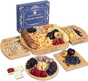 Charcuterie Boards Gift Set, Large Bamboo Cheese Board and Knife Set, Charcuterie Accessories, House Warming Gifts New Home, Wedding Gifts for Couple, Birthday Gifts For Women