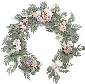 Ling's Moment Artificial Eucalyptus Garland with Flowers 6FT, Wedding Table Garland with Flowers Handcrafted Wedding Centerpieces for Rehearsal Dinner Bridal Shower | Dusty Rose