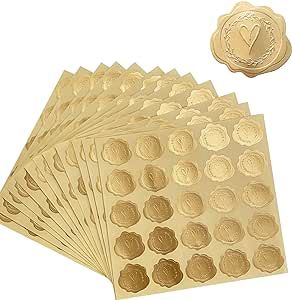 300pcs Gold Embossed Wax Seal Looking Heart Envelope Seals for Wedding Invitations/Greeting Cards/Party Favors, Self-Adhesive