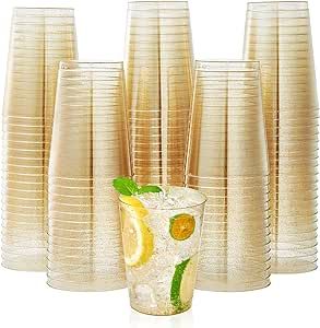 200 Pack 10 oz Gold Glitter Plastic Party Cups, Disposable Plastic Cups Tumblers, Gold Plastic Drinking Cups with Glitter Perfect for Wedding, Thanksgiving Day, Christmas Halloween Party Cups
