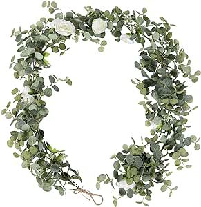 Duovlo 6.56FT Artificial Eucalyptus Garland with Faux White Rose Flower, 1 PCS Handcrafted Wedding Party Festival Bridal Shower Table Centerpieces Arch Backdrop Decorations