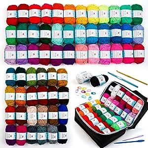 62 Acrylic Yarn Skeins, 2170 Yards Yarn for Knitting and Crochet, Includes 2 Crochet Hooks,2 Weaving Needles,10 Stitch Markers, Perfect Beginner Kit for for Adults Kids