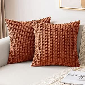 MIULEE Throw Pillow Covers Soft Corduroy Decorative Set of 2 Boho Striped Pillow Covers Pillowcases Farmhouse Home Decor for Couch Bed Sofa Living Room 18x18 Inch Rust