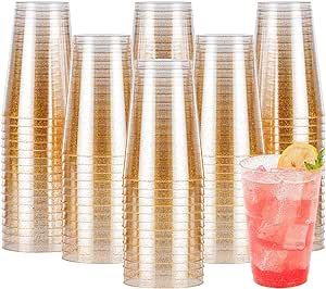 200PCS 14oz Glitter Plastic Cups for Party, Disposable Gold Plastic Cups, Plastic Cocktail Glasses for Wedding Thanksgiving, Christmas, and Parties